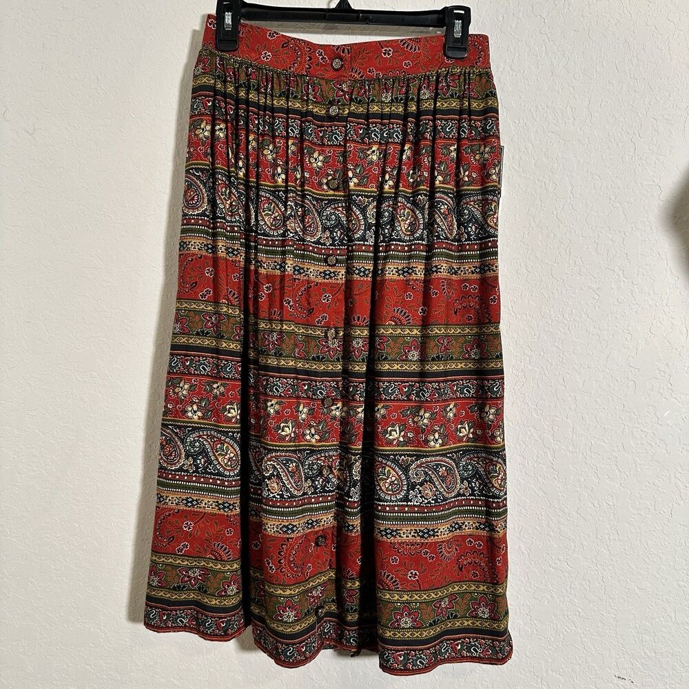 Vintage Fstop Midi Skirt Paisly pattern Red, Gold blue Size 8 Deadstock NWT 90s